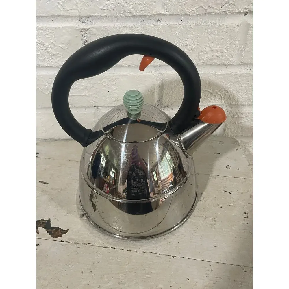 Michael Graves Modern Signed Retro Whistling Tea Kettle Pot Green Orange 18/10